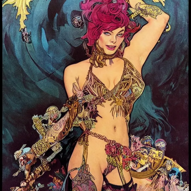 Image similar to an aesthetic!, a detailed portrait of margot robbie dressed as a leather - bound, tattooed, punk - rock princess with a flaming mohawk, by frank frazetta and alphonse mucha, oil on canvas, bright colors, art nouveau, epic composition, dungeons & dragons, fantasy art, concept art, god rays, ray tracing, crisp contour lines, huhd - 8 k