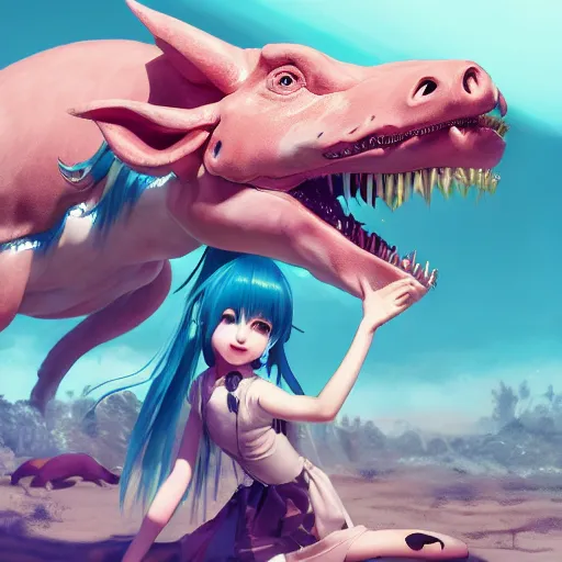 Image similar to hatsune miku being eaten by dinosaur pig, made by stanley artgerm lau, wlop, rossdraws, artstation, cgsociety, concept art, cgsociety, octane render, trending on artstation, artstationhd, artstationhq, unreal engine, 4 k, 8 k,