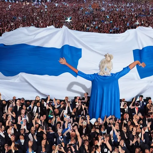 Image similar to Lady Gaga as president, Argentina presidential rally, Argentine flags behind, bokeh, giving a speech, detailed face, Argentina