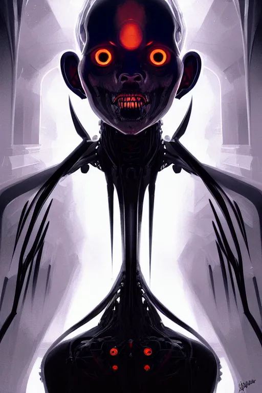 Prompt: professional concept art symmetrical portrait of a horror robotic nightmare species in deep dark room by artgerm and greg rutkowski. an intricate, elegant, highly detailed digital painting, abstraction, concept art, smooth, sharp focus, illustration, in the style of cam sykes.