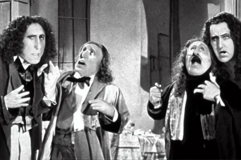 Prompt: still of the movie the young Frankenstein with weird al Yankovic, cinematic, cinemascope,