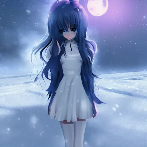 Prompt: anime girl with wings in a snowy tundra, beautiful, extremely detailed, foggy, snow, anime, cinematic lighting, blue eyes, white dress, moonlight, stars,