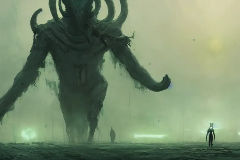 Prompt: cinematic still of Nyarlathotep striding across a desolate waste, green mist, 4k, masterpiece, by Greg Rutkowski, Trending on Artstation