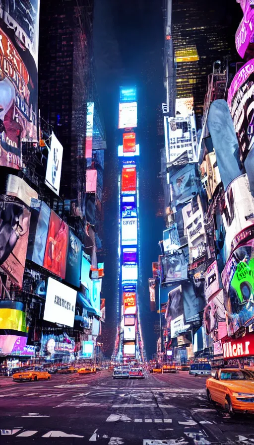 Image similar to 8k high resolution photograph of cyber punk New York Times Square at night, futuristic