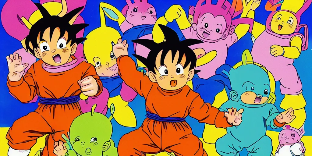 Prompt: goku playing with teletubbies by randolph caldecott
