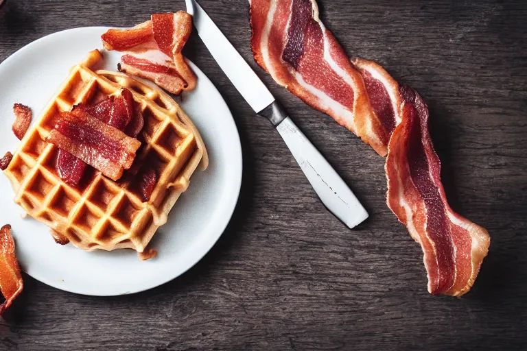 Prompt: product photography of a waffle, bacon, and knife