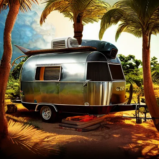 Prompt: tiki style airstream used as a treehouse, fine art, digital painting,atmospheric lighting, hyperdetailed, photorealistic, 8k, high resolution, velvia, vibrant colors, insanely detailed and intricate, ray tracing, award winning, featured in artstation, octane render