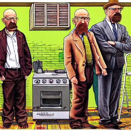 Prompt: The Artwork of R. Crumb and his Cheap Suit Breaking-Bad-Walter-White cooking meth, pencil and colored marker artwork, trailer-trash lifestyle