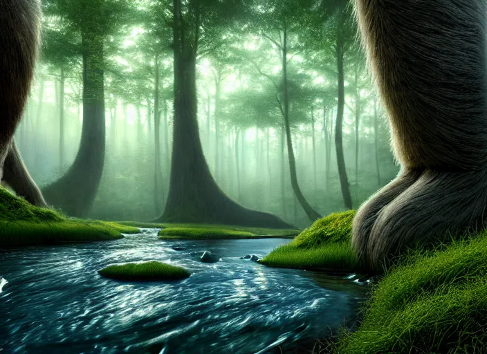 Image similar to hyperrealism, detailed textures, photorealistic 3 d render, a surreal mystical forest with a bright winding blue creek, wooly mammoths grazing, sharp focus, ultra realistic, ultra high pixel detail, cinematic, intricate, cinematic light, concept art, illustration, art station, unreal engine 8 k