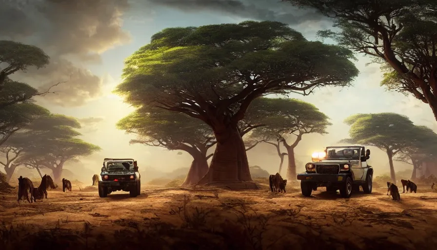 Image similar to mahindra thar driving through madagascar road with baobabs trees, animals running along, tribe members attacking, action scene, an epic fantasy, wide shot, trending on artstation, masterpiece, by greg rutkowski, by ross tran, by fenghua zhong, octane, soft render, ultrarealistic, colorful, cinematic, horizon forbidden west