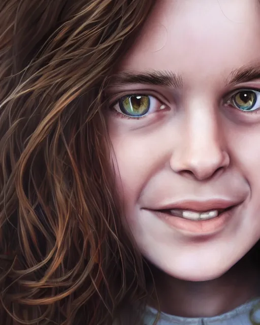 Image similar to close up portrait of 1 5 - year - old girl, smile with large front teeth, hermione granger, very bushy brown hair, and very bright brown eyes, wearing white shirt, hyper realistic face, beautiful eyes, character art, art by mark brooks, hyperdetailed, cryengine, trending on artstation, digital art