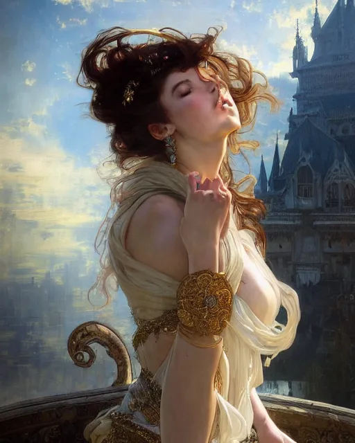 Image similar to a beautiful close up portrait of a sorceress floating on air with elegant looks, flowing robe, ornate and flowing, intricate and soft by ruan jia, tom bagshaw, alphonse mucha, wlop, beautiful roman architectural ruins in the background, epic sky, vray render, artstation, deviantart, pinterest, 5 0 0 px models