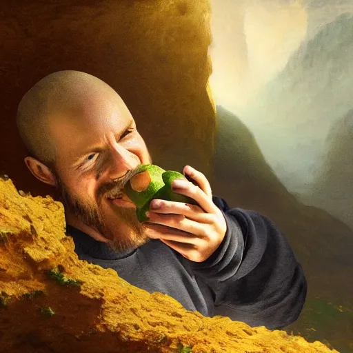 Prompt: man in a cave eating an avocado, landscape ultrarealistic, photorealism, golden ratio, art canvas, award winning, masterpiece, trending on artstation 8 k 1 5 0 mpx