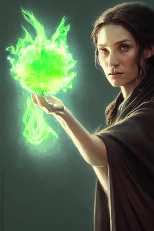 Image similar to a female wizard casting a green fireball | | pencil sketch, realistic shaded, fine details, realistic shaded lighting poster by greg rutkowski, magali villeneuve, artgerm, jeremy lipkin and michael garmash and rob rey