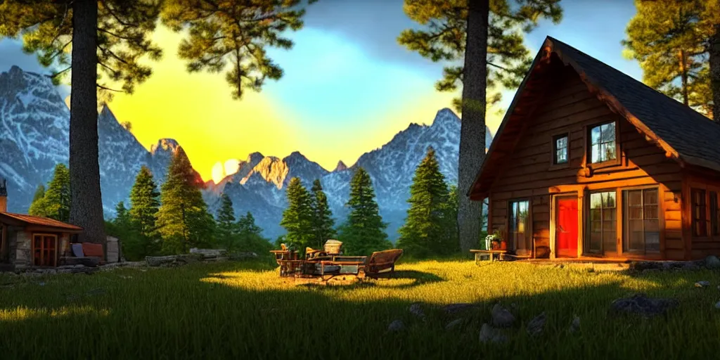Image similar to a cozy little house in the woods, mountains in the background relaxing, 3 d concept art by phillip urlich, chill, relaxing, peaceful, sunset, extremely detailed art, unreal engine 5, hyper realism