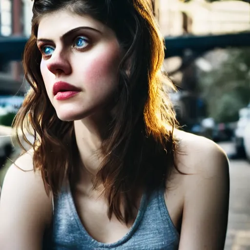 Prompt: closeup portrait of alexandra daddario in a smoky new york back street, photograph, natural light, detailed face, magazine, press, photo, Steve McCurry, David Lazar, CANON Eos C300, ƒ5.6, 50mm