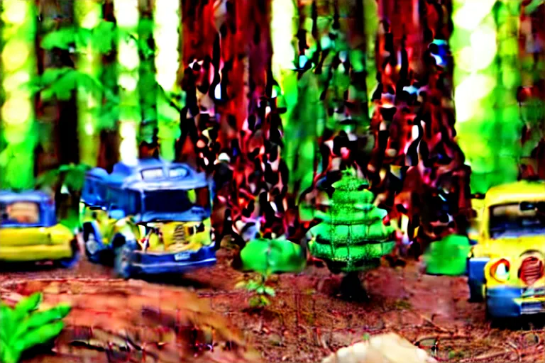 Image similar to fisher price redwood forest, california scene from tv show hyper detailed 5 5 mm 8 5 mm, toy photography, made out of plastic