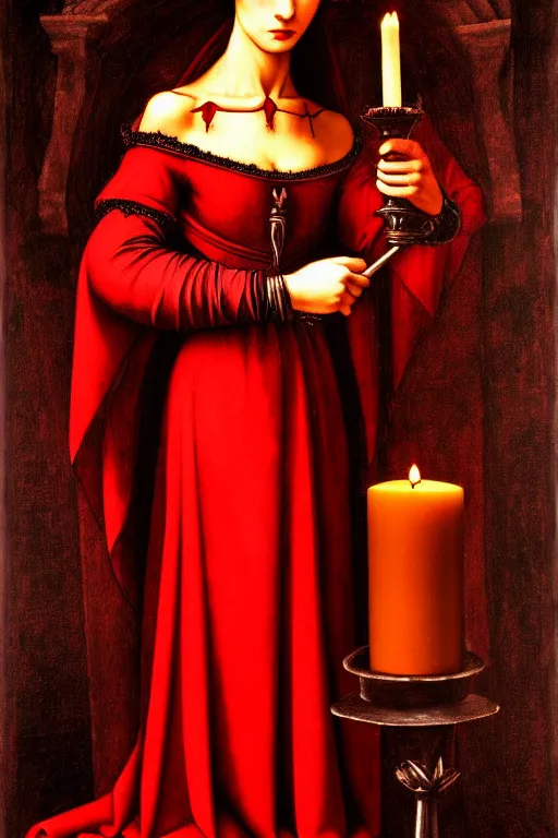 Prompt: a vampire in an ornate red dress, obelisks and black pyramids, candle light, oil painting, high detail, dark lighting, atmospheric, extremely detailed, intricate, da vinci, michelangelo, caravaggio, hans holbein, raphael, donatello, 8 k