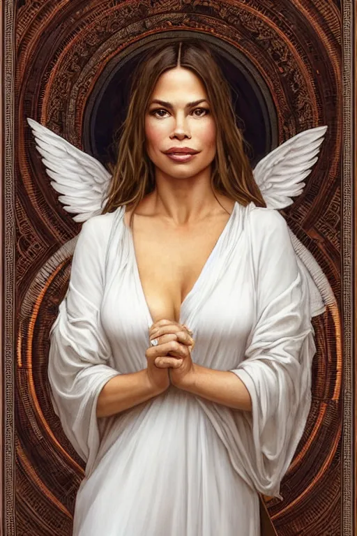 Image similar to symmetrical!! looking at the camera!!! a portrait of an angel sofia vergara wearing a white silky dress, upper body, concept art, deep focus, sky, heaven, clouds, intricate, highly detailed, digital painting, artstation, matte, sharp focus, illustration, art by greg rutkowski and alphonse mucha