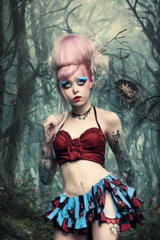 Image similar to Beautiful female, full body, Alice in wonderland, punk rock, piercings, tattoos, skirt, midriff, dramatic lighting, cinematic, establishing shot, extremely high detail, foto realistic, cinematic lighting, post processed, concept art, high details, cinematic, 8k resolution, beautiful detailed, photorealistic, digital painting, artstation, concept art, smooth, sharp focus, artstation trending, octane render, unreal engine