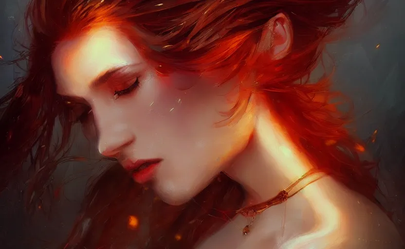 Image similar to a painting of jasmine trending on artstation in the style of greg rutkowski, beautiful, sensual, flower, portrait, adorable, alter, hell, fire hair, fire