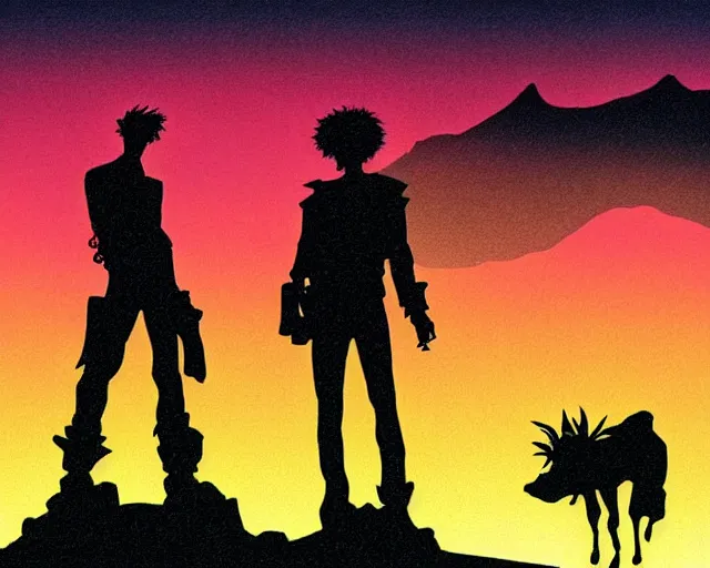 Image similar to cowboy bebop silhouette in the desert, synthwave