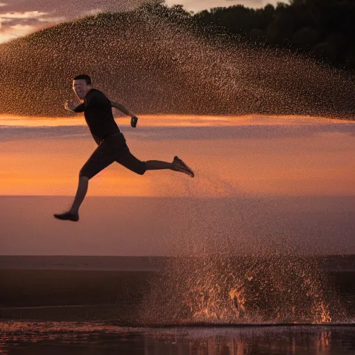 Image similar to elon musk running through water in slow motion with the sun setting in the background, golden hour, 4 k, animal, nature, sony a 7 r iii, 8 5 mm, f / 1. 8, 2 0 1 8