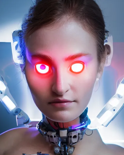 Prompt: photo of dreamy female as a solarpunk cyborg with fluorescent lamps around face, robotic body parts around neck and shoulders, real human face with clean skin, ultra - realistic and detailed, long exposure, soft focus hdr 8 k