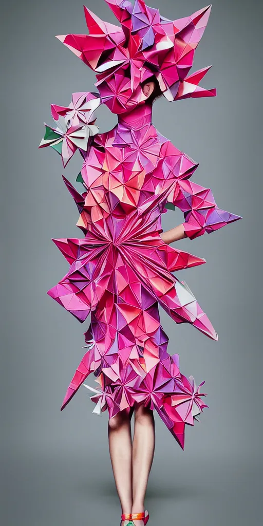 Image similar to portrait of a beautiful model wearing origami themed paper flower and geometric shapes haute couture by issey miyake