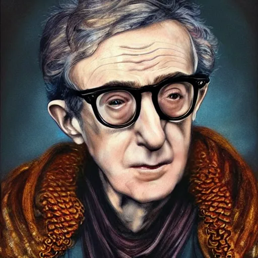 Image similar to portrait of woody allen, headshot, insanely nice hair style, dramatic hair color, digital painting, of a old 17th century, old cyborg merchant, amber jewels, baroque, ornate clothing, scifi, realistic, hyperdetailed, chiaroscuro, concept art, art by Franz Hals and Jon Foster and Ayami Kojima and Amano and Karol Bak,