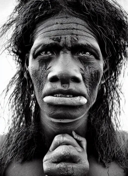 Image similar to Award winning Editorial photo of a Native Nauruans with incredible hair and beautiful hyper-detailed eyes wearing traditional garb by Lee Jeffries, 85mm ND 5, perfect lighting, gelatin silver process