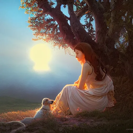 Prompt: young woman and a dog in a tree looking at the sun set, intricate, highly detailed, digital painting, artstation, concept art, smooth, sharp focus, illustration, Unreal Engine 5, 8K, art by artgerm and greg rutkowski and alphonse mucha