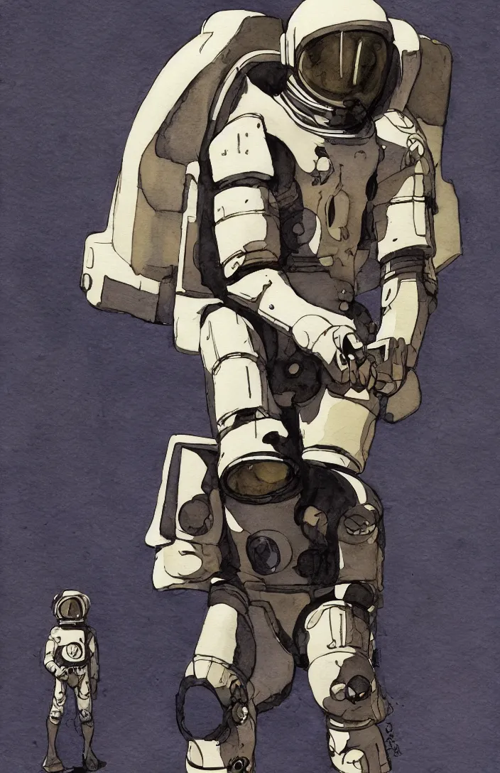 Image similar to male, full body, modern space suit, very stylized character design, large shoulders, short torso, long thin legs, tiny feet, science fiction, hyperdetailed, technical suit, space marine, watercolor digital painting, by mike mignola, by alex maleev, jean giraud, painted by leyendecker