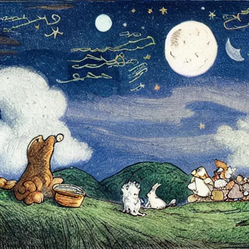 Image similar to night sky, stars, crescent talking moon smiling prominently in the center, surrounded by clouds, landscape, illustrated by peggy fortnum and beatrix potter and sir john tenniel