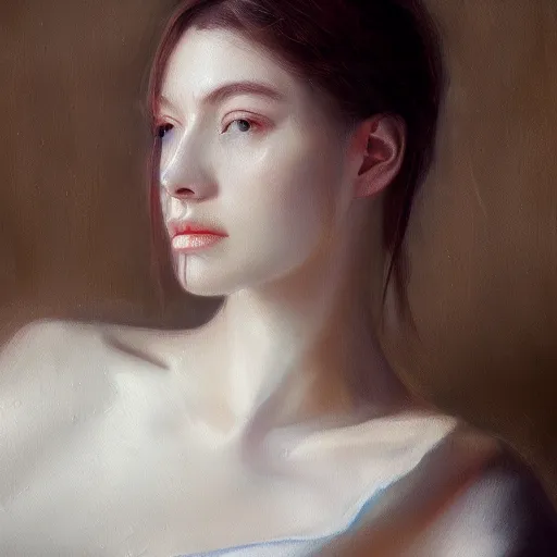 Image similar to a beautiful woman, aesthetic, oil painting, pale colors, high detail, 8 k, wide angle, octane render, trending on artstation,