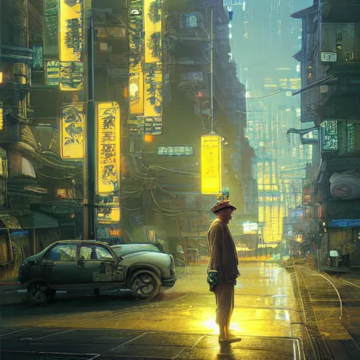 Image similar to A solarpunk very detailed farmer on the street of a very detailed solarpunk city art by Taras Shevchenko, neofuturistic highly detailed, digital art, smooth cyan gold light, sharp focus, Golden Ratio illustration, realistic concept art by Stephen Hickman and James Gurney and Hiromasa Ogura Ghost in the Shell