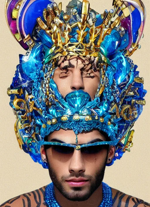 Prompt: muscular Atlantean king Zayn Malik grinning and wearing cholo sunglasses and a heavy bejeweled gold crown with huge blue diamonds on his head while shirtless, thick blue diamond chain around his neck, flexing his muscles, zebra stripes, resting tiger, steelpunk, ghibli studio, nekro, Tom Bagshaw, Craig Mullins, octane 8k, by brian froud, Trending on ArtStation