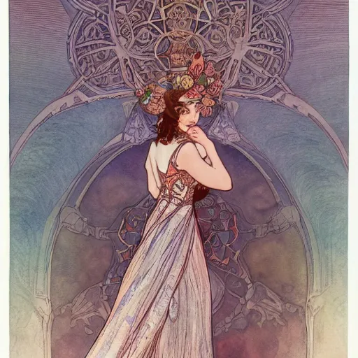 Prompt: a beautiful intricate watercolor illustration of a fashion show with runaway, 4 k, ultra - wide angle, by william turner, by victo ngai, by alphonse mucha, by moebius, by gustave dore, hd, trending on artstation, hyper detailed, muted intense colors