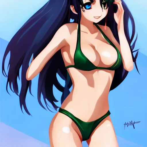 Image similar to Pretty anime girl wearing a bikini in the style of Artgerm