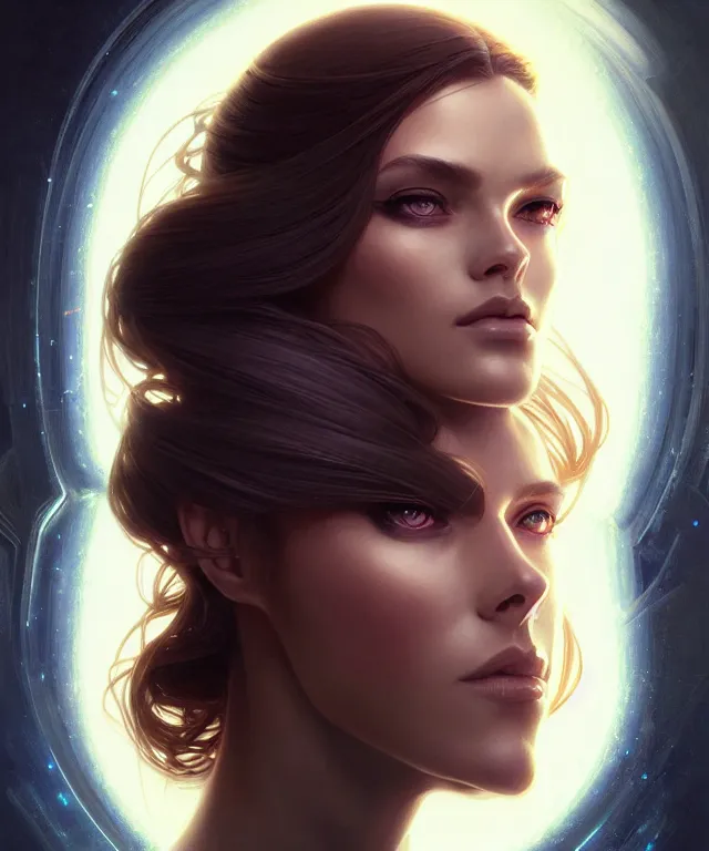 Image similar to futuristic woman android portrait, sci - fi, amber eyes, face, long hair, fantasy, intricate, elegant, highly detailed, digital painting, artstation, concept art, smooth, sharp focus, illustration, art by artgerm and greg rutkowski and alphonse mucha