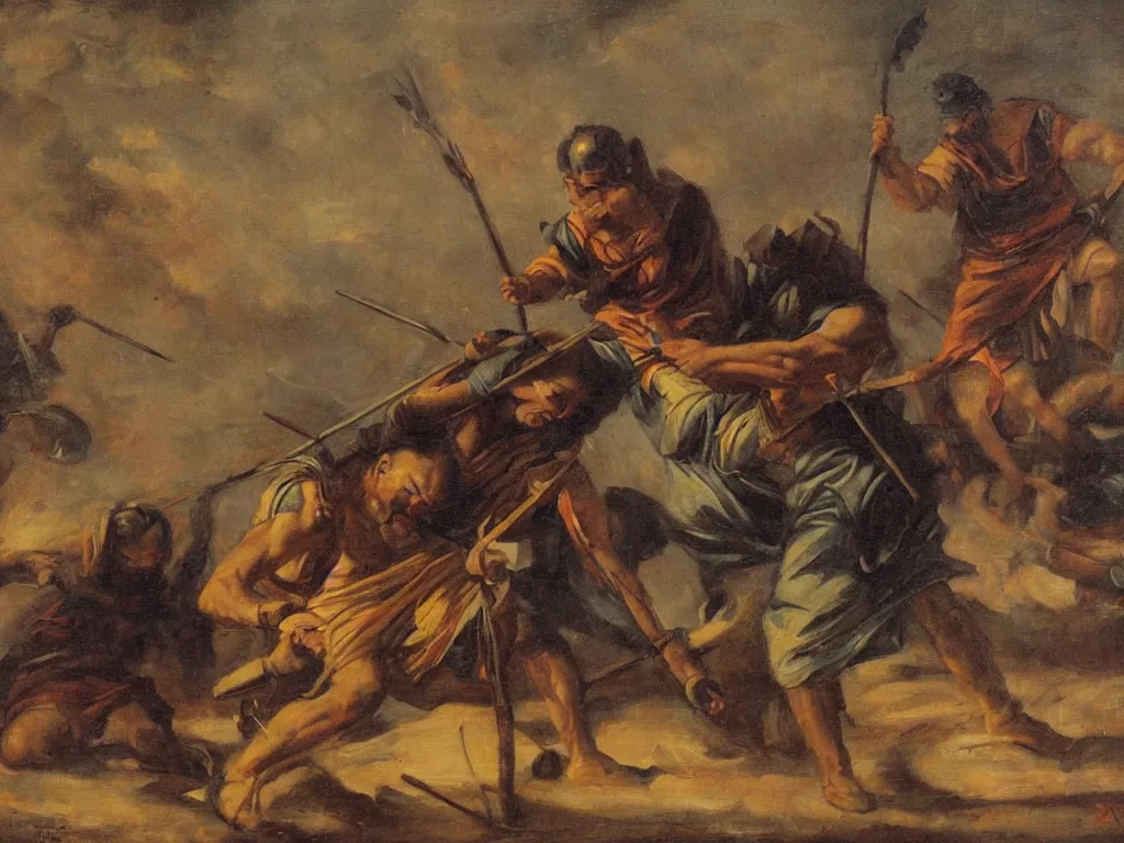 Prompt: Cane slaying Abel with a spear, oil painting, moody, dramatic, detailed