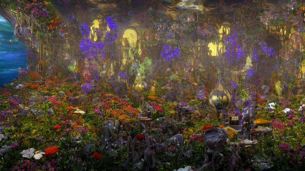 Prompt: a centered render of intricate modular synthesizer of cenacolo vinciano, shining its light across a tumultuous sea of flowers, undersea animals, gothic crystal tables and chairs by dorothea tanning and salvador dali, trending on artstation, cyber punk, soft color, unreal engine, high detailed, 8 k