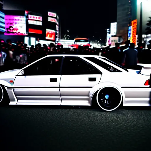 Image similar to a car JZX90 twin turbo drift at illegal car meet, Shibuya prefecture, city midnight mist lights, cinematic lighting, photorealistic, highly detailed wheels, high detail