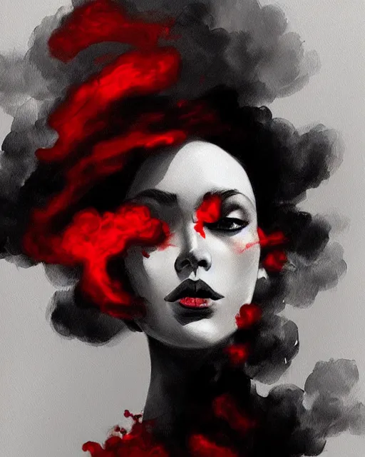 Prompt: black red ink smoke portrait, by WLOP and artgerm, tony sart, celestial painting, artstation