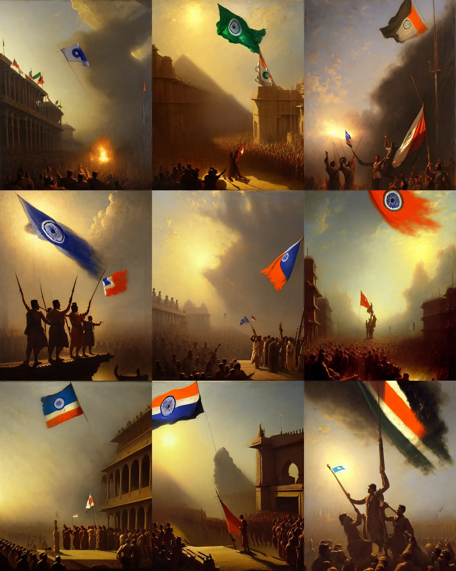 Prompt: a cinematic dramatic scene of indian freedom fighters hoisting indian flag, oil on canvas, by abraham pether, by carl gustav carus, by greg rutkowski, trending on artstation, featured on pixiv, masterpiece, dramatic composition, brilliant lighting, highly detailed, hd, 8 k