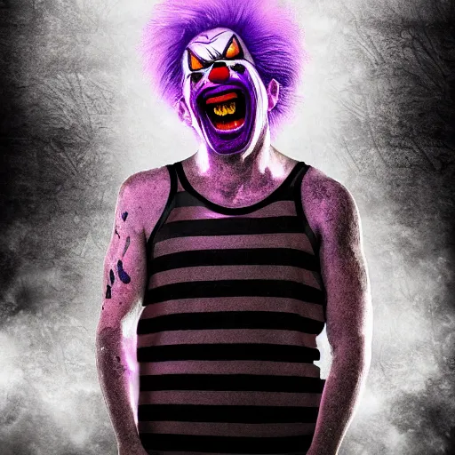 Image similar to Evil clown Big smiling mouth, black round nose, spiky hair, worn striped tank top emerging from a digital tablet. Very textured, hyper detailed, fog ambience cinematic, purple light, dark