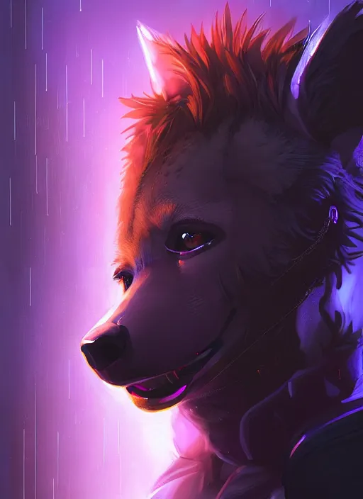 Image similar to beautiful portrait commission of a female furry anthro spotted hyena fursona wearing a police uniform. Cyberpunk city at night in the rain. Neon light. Atmospheric. Character design by charlie bowater, ross tran, artgerm, and makoto shinkai, detailed, inked, western comic book art