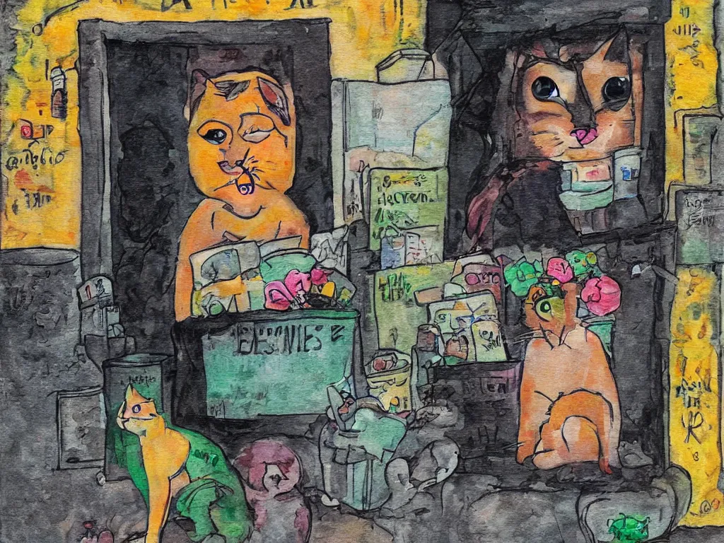 Image similar to a little alley cat living inside trash at night in downtown, in the style of kahlo and matisse