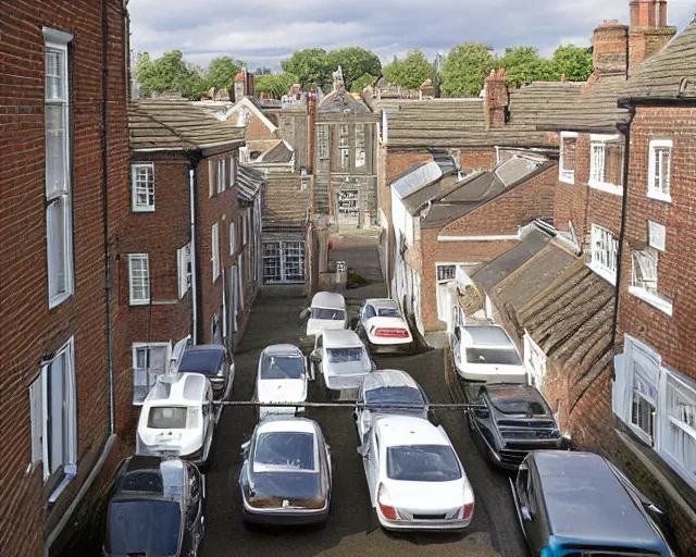 Image similar to view of a british street from an upstairs window, sunny day, cars parked, 2006