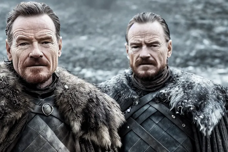 Image similar to promotional image of Bryan Cranston as a Stark soldier in Game of Thrones Season 3 (2013), detailed face, movie still, promotional image, imax 70 mm footage